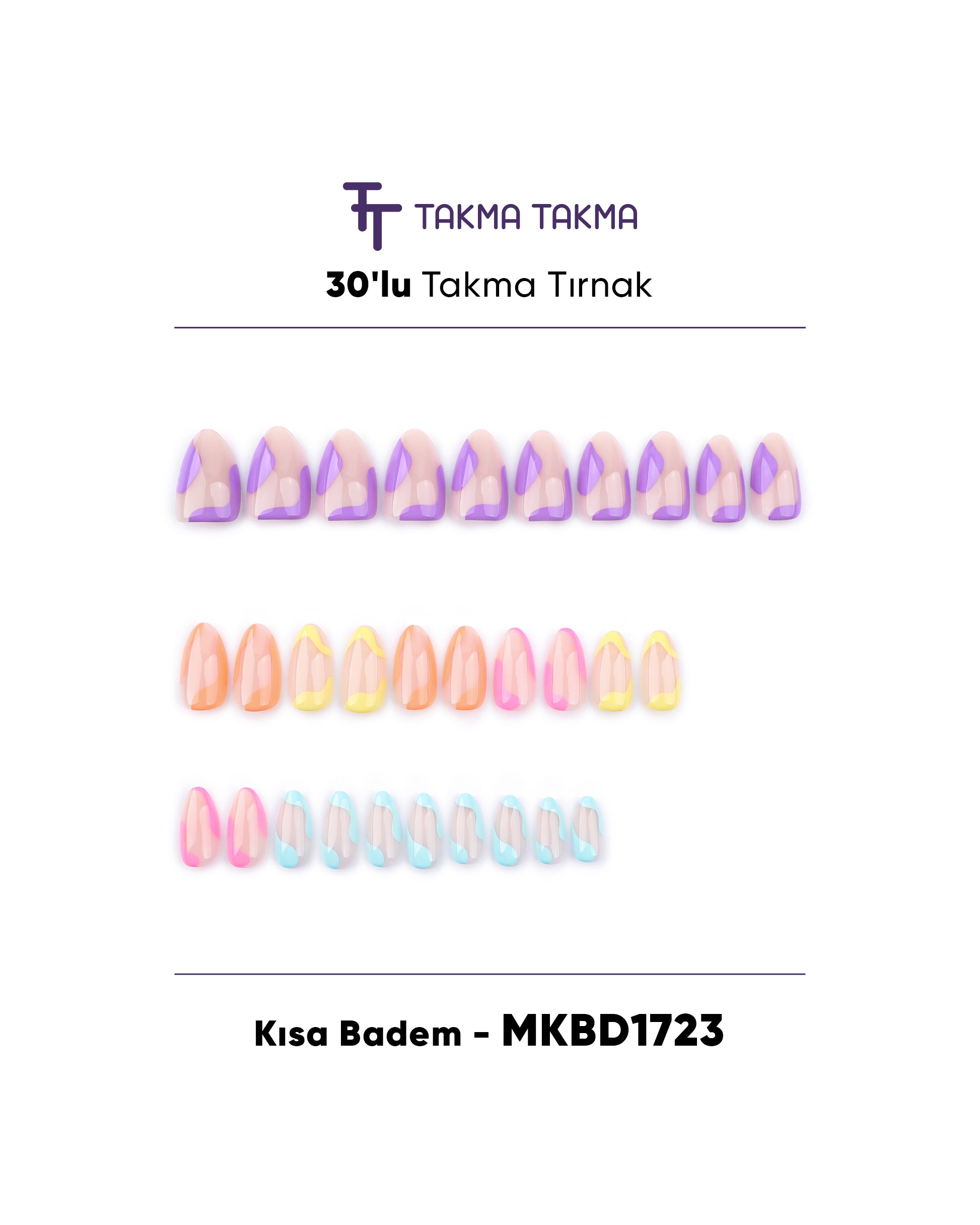 MKBD1723 Kısa Badem Standart Beden 30'lu Tekrar Kullanılabilir Protez Takma Tırnak Takma Takma
