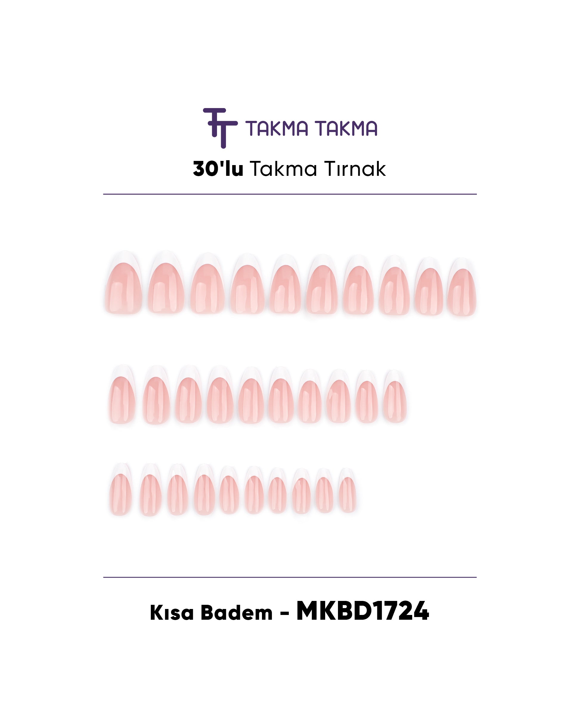 MKBD1724 Kısa Badem Standart Beden 30'lu Tekrar Kullanılabilir Protez Takma Tırnak Takma Takma