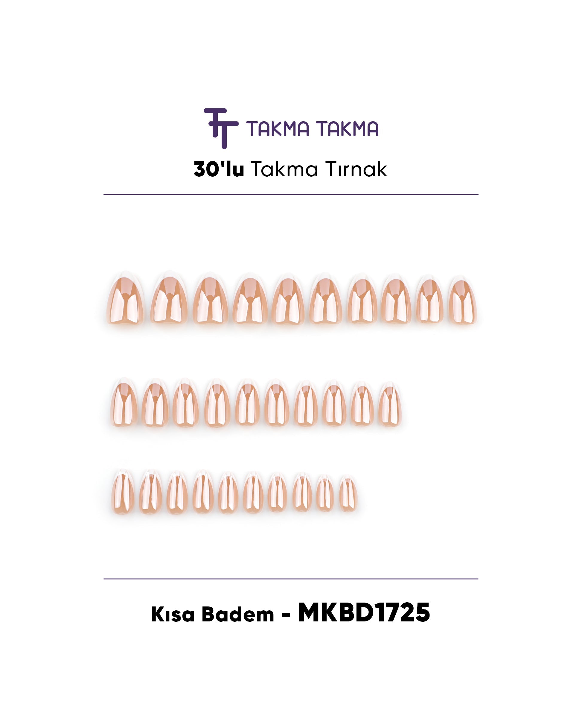 MKBD1725 Kısa Badem Standart Beden 30'lu Tekrar Kullanılabilir Protez Takma Tırnak Takma Takma
