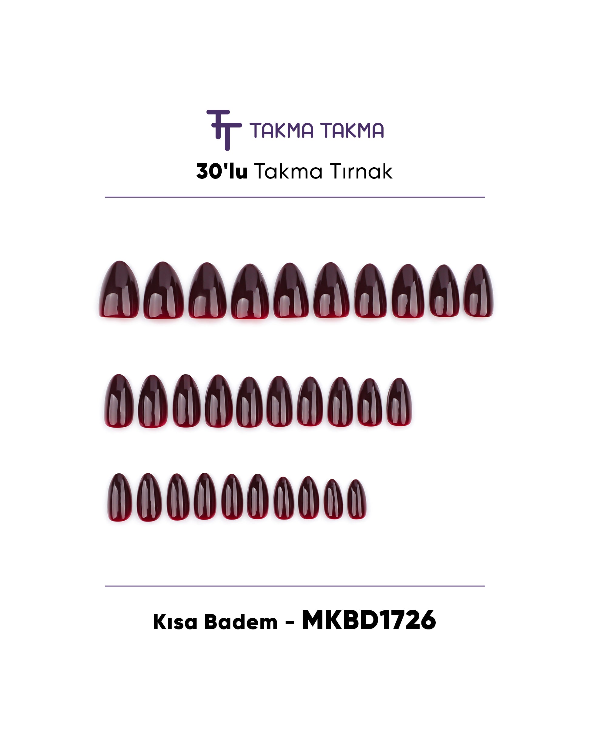 MKBD1726 Kısa Badem Standart Beden 30'lu Tekrar Kullanılabilir Protez Takma Tırnak Takma Takma
