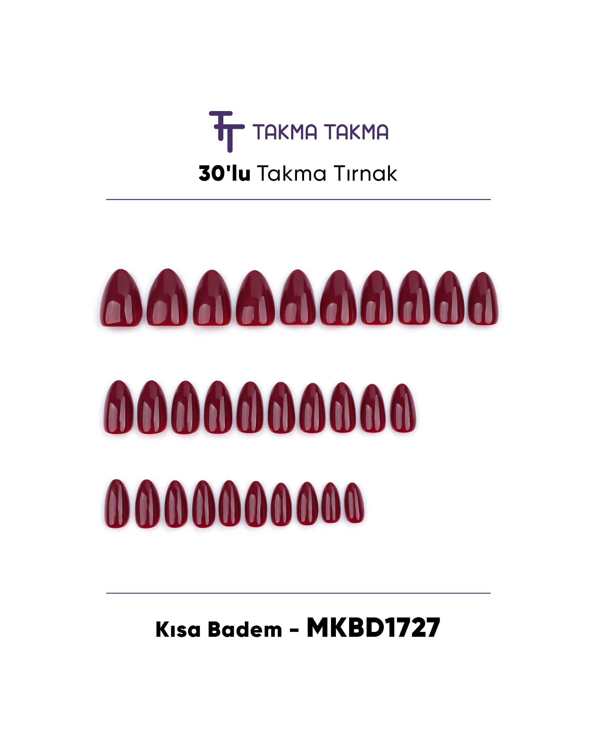 MKBD1727 Kısa Badem Standart Beden 30'lu Tekrar Kullanılabilir Protez Takma Tırnak Takma Takma