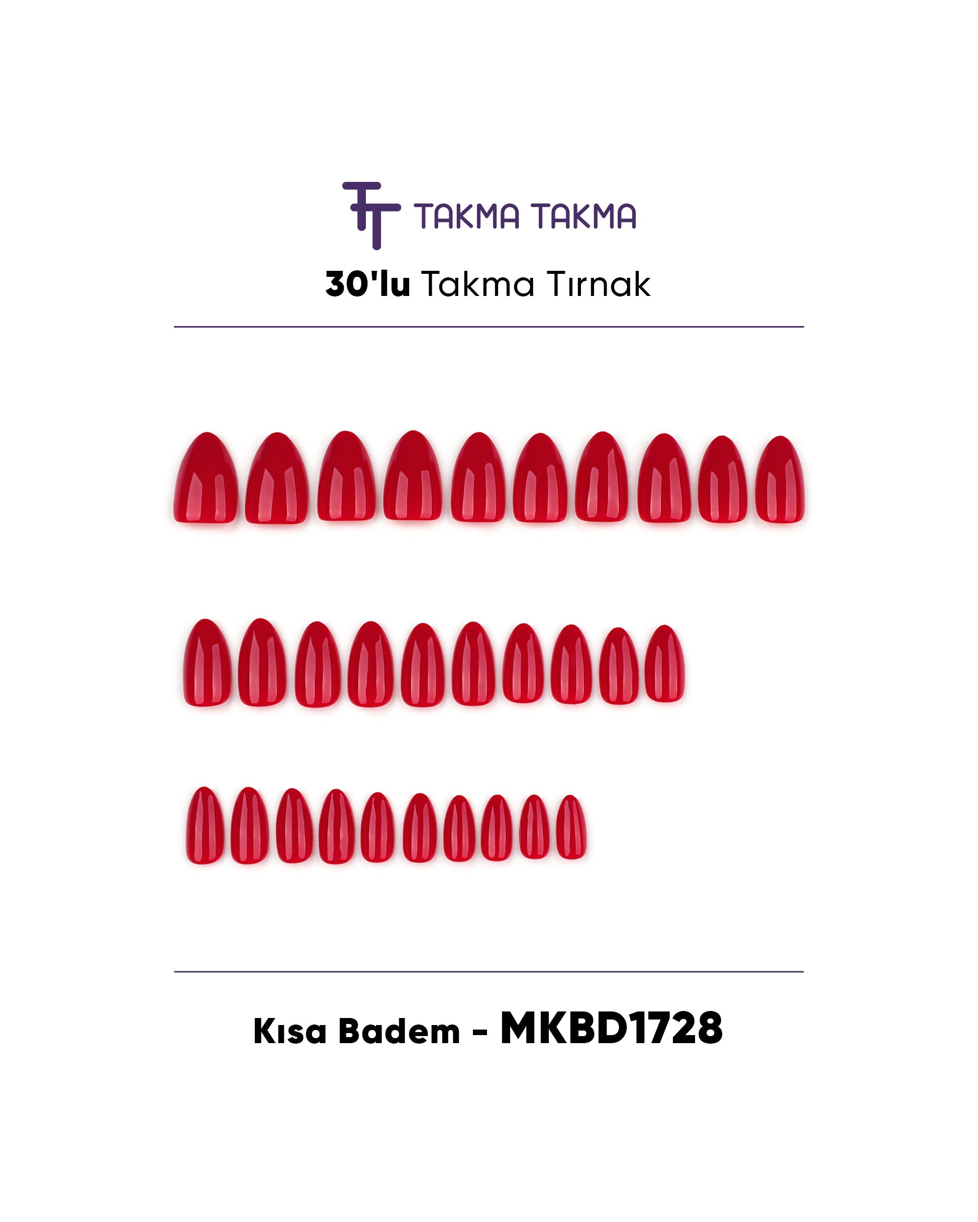MKBD1728 Kısa Badem Standart Beden 30'lu Tekrar Kullanılabilir Protez Takma Tırnak Takma Takma