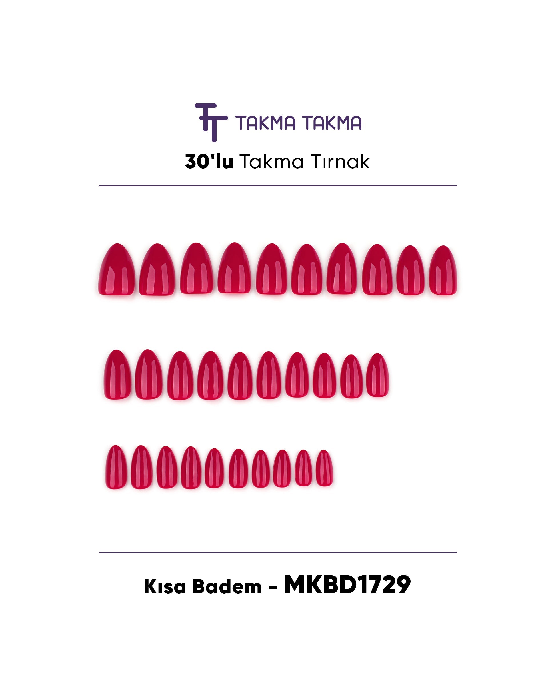 MKBD1729 Kısa Badem Standart Beden 30'lu Tekrar Kullanılabilir Protez Takma Tırnak Takma Takma