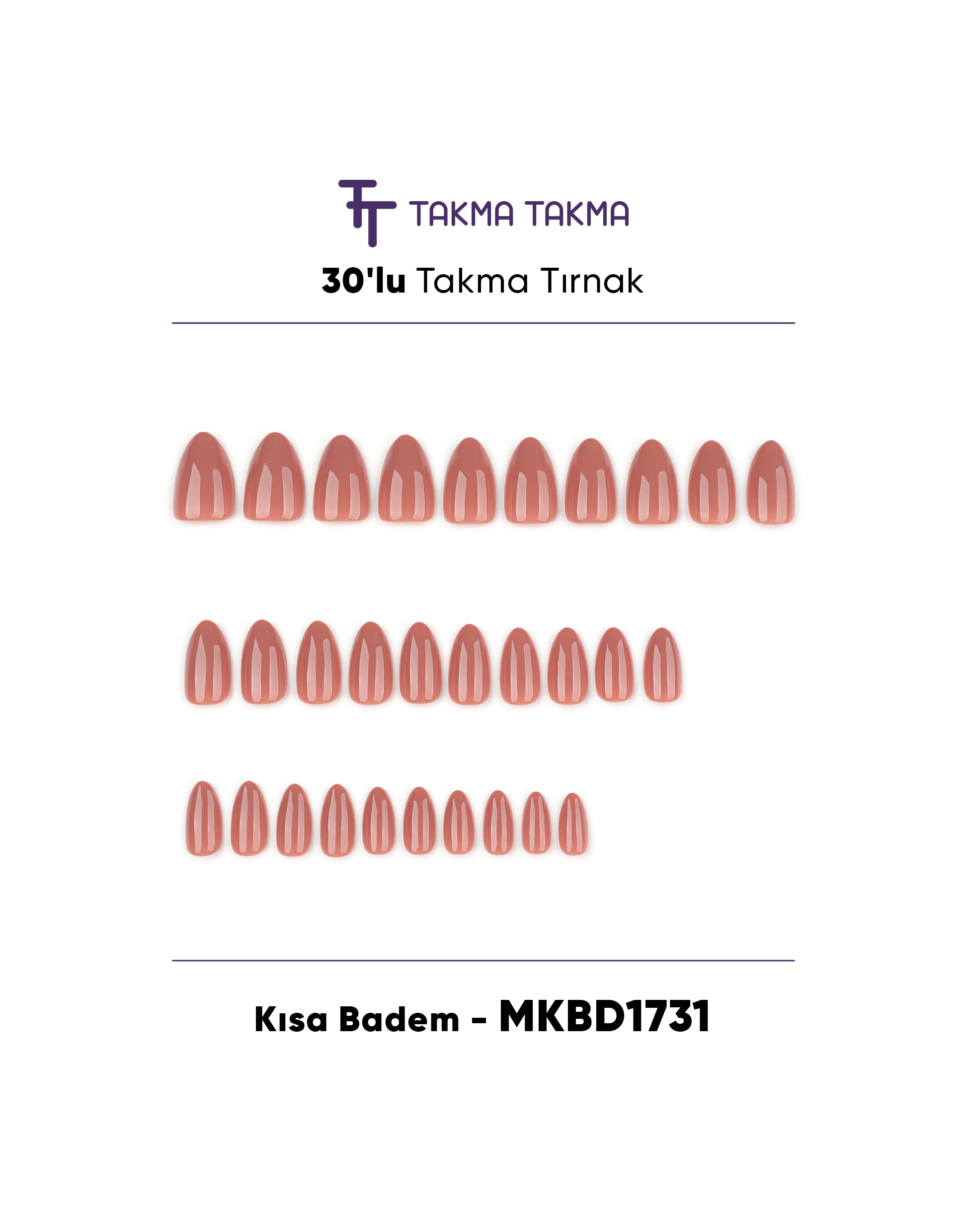 MKBD1731 Kısa Badem Standart Beden 30'lu Tekrar Kullanılabilir Protez Takma Tırnak Takma Takma