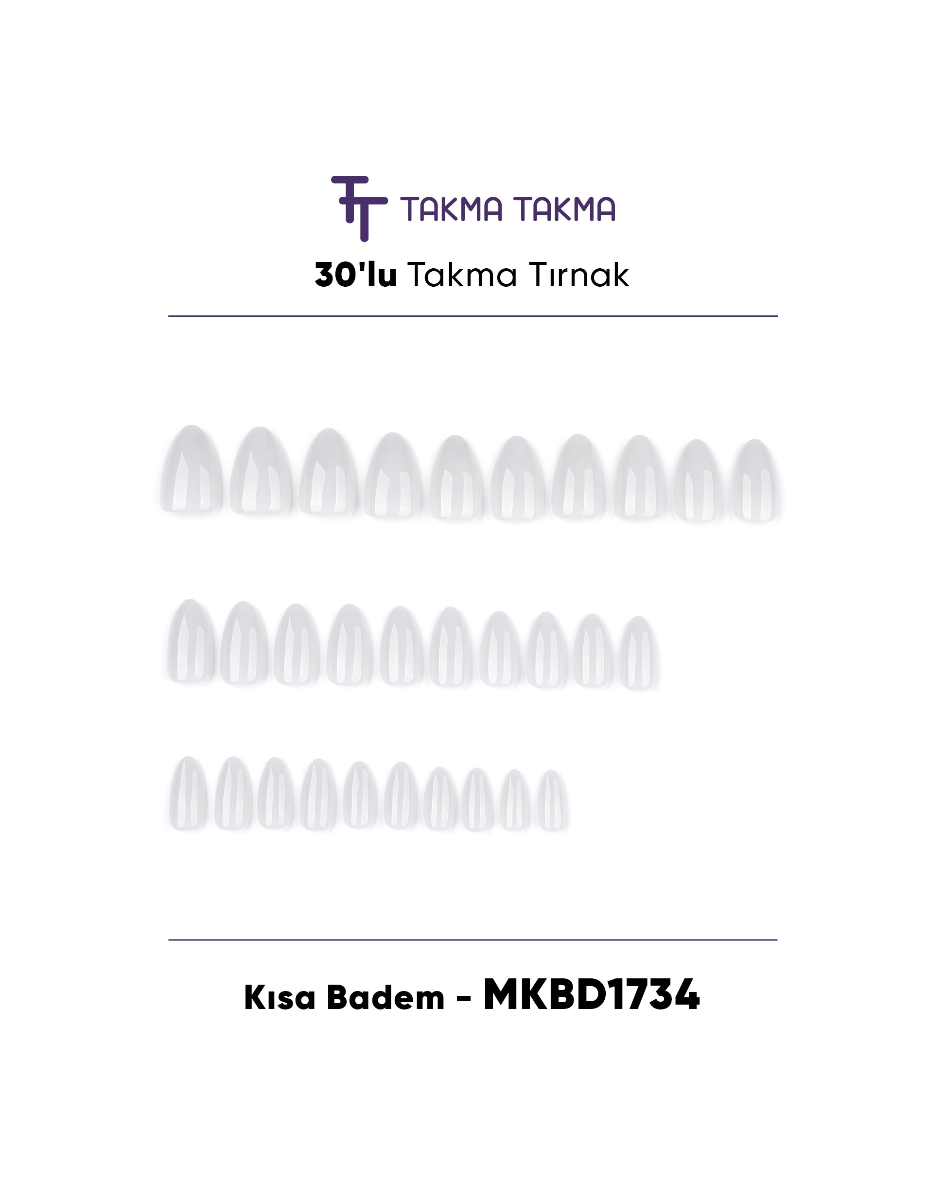 MKBD1734 Kısa Badem Standart Beden 30'lu Tekrar Kullanılabilir Protez Takma Tırnak Takma Takma