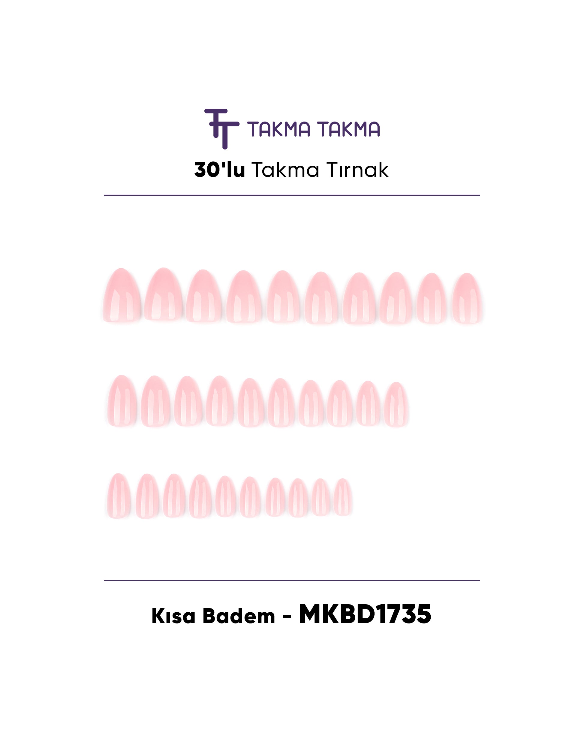 MKBD1735 Kısa Badem Standart Beden 30'lu Tekrar Kullanılabilir Protez Takma Tırnak Takma Takma