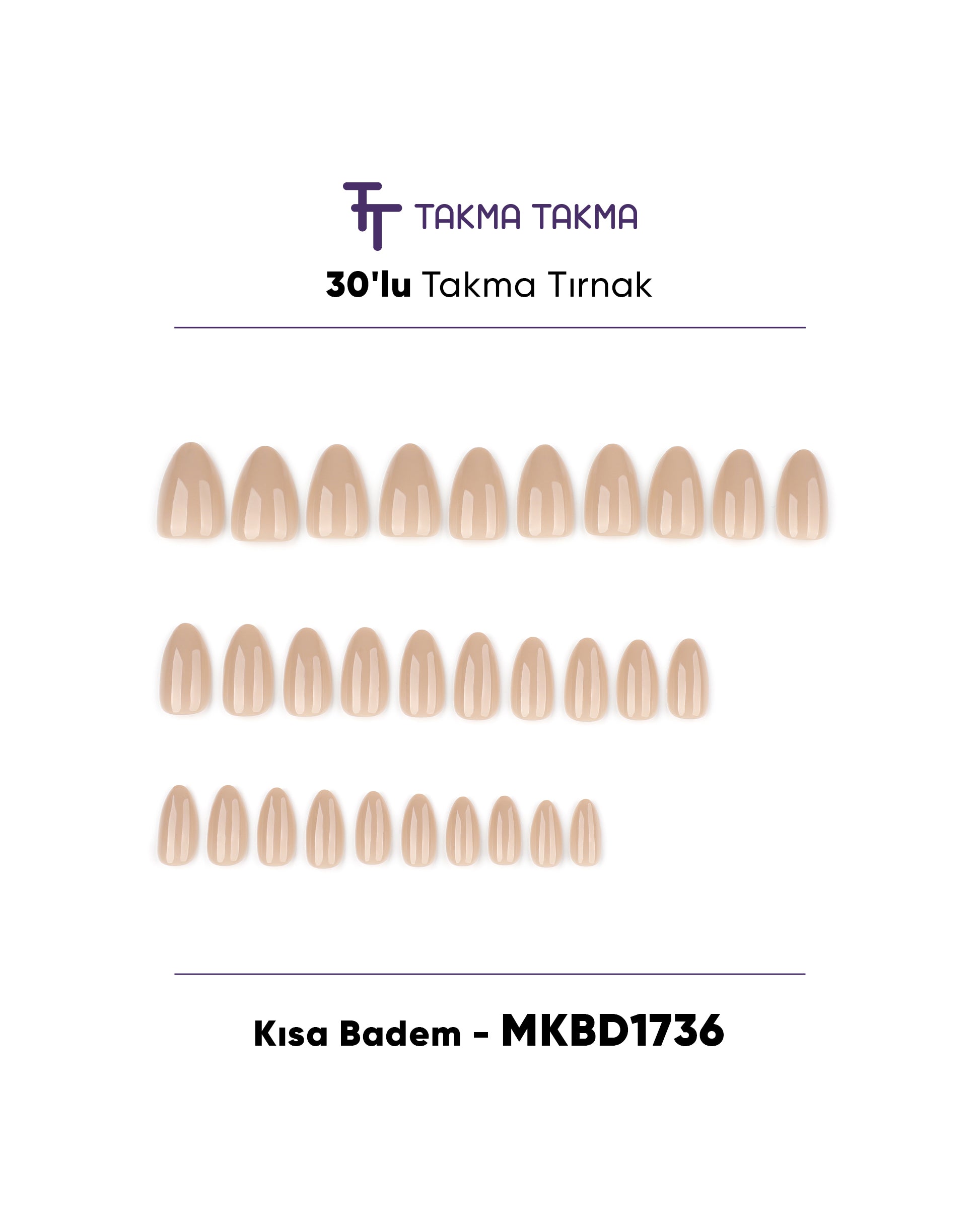 MKBD1736 Kısa Badem Standart Beden 30'lu Tekrar Kullanılabilir Protez Takma Tırnak Takma Takma