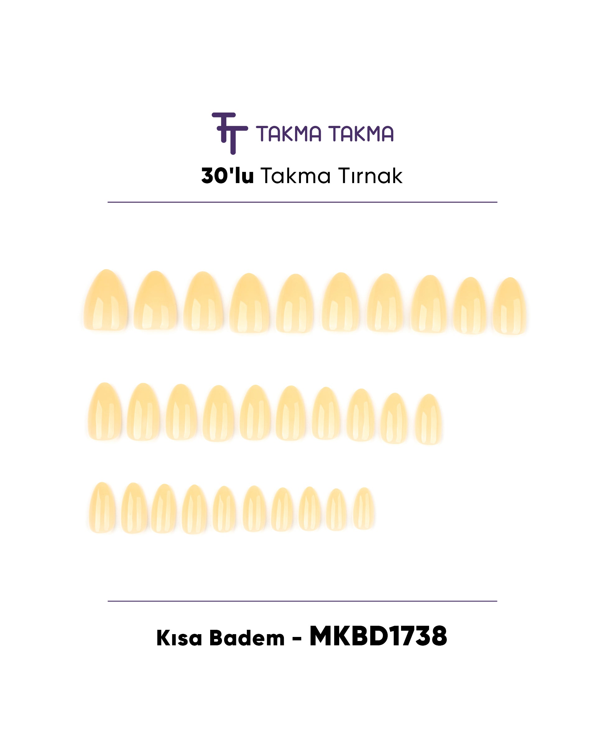 MKBD1738 Kısa Badem Standart Beden 30'lu Tekrar Kullanılabilir Protez Takma Tırnak Takma Takma