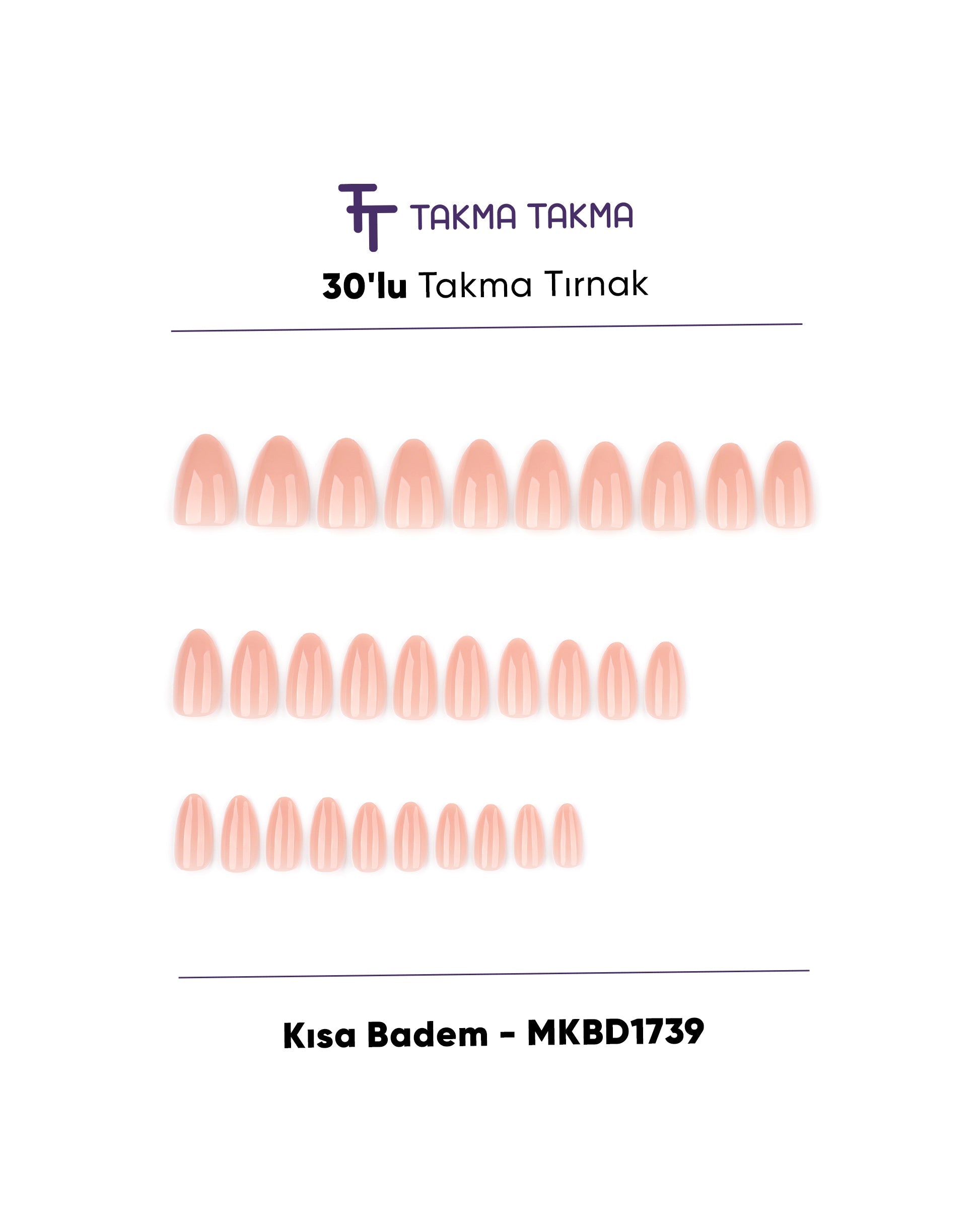 MKBD1739 Kısa Badem 30'lu Standart Beden Tekrar Kullanılabilir Protez Takma Tırnak Takma Takma