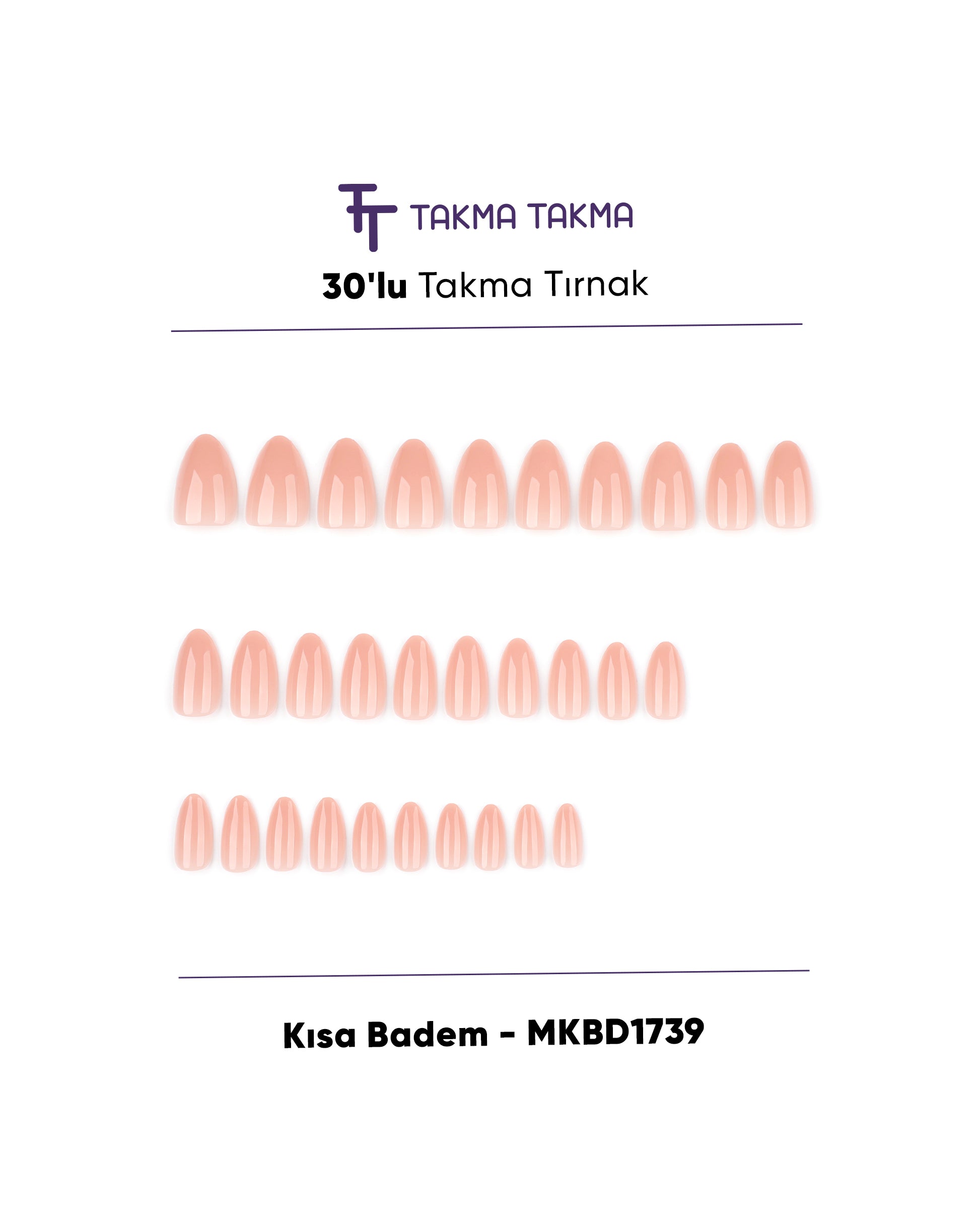 MKBD1739 Kısa Badem 30'lu Standart Beden Tekrar Kullanılabilir Protez Takma Tırnak