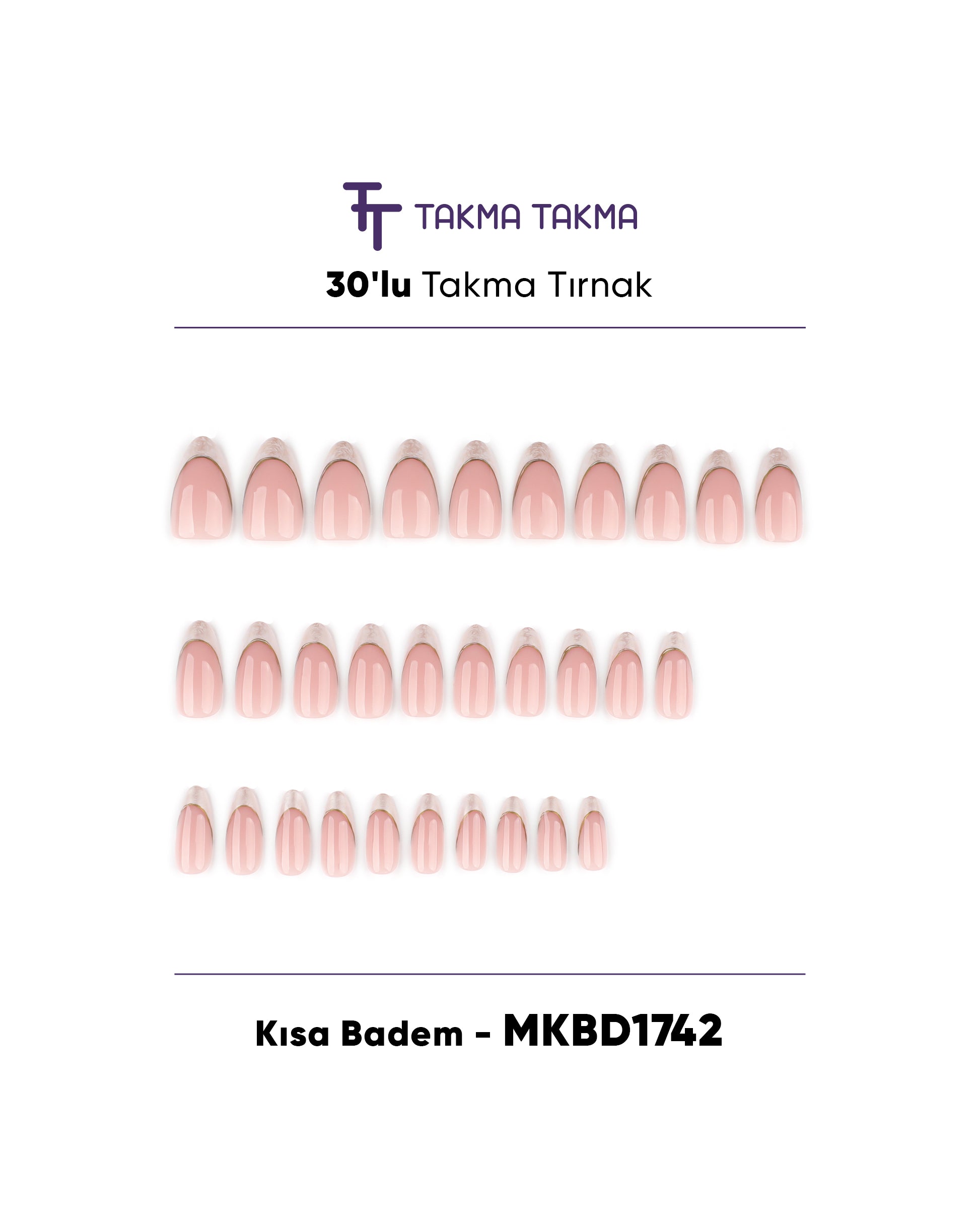 MKBD1742 Kısa Badem Standart Beden 30'lu Tekrar Kullanılabilir Protez Takma Tırnak Takma Takma