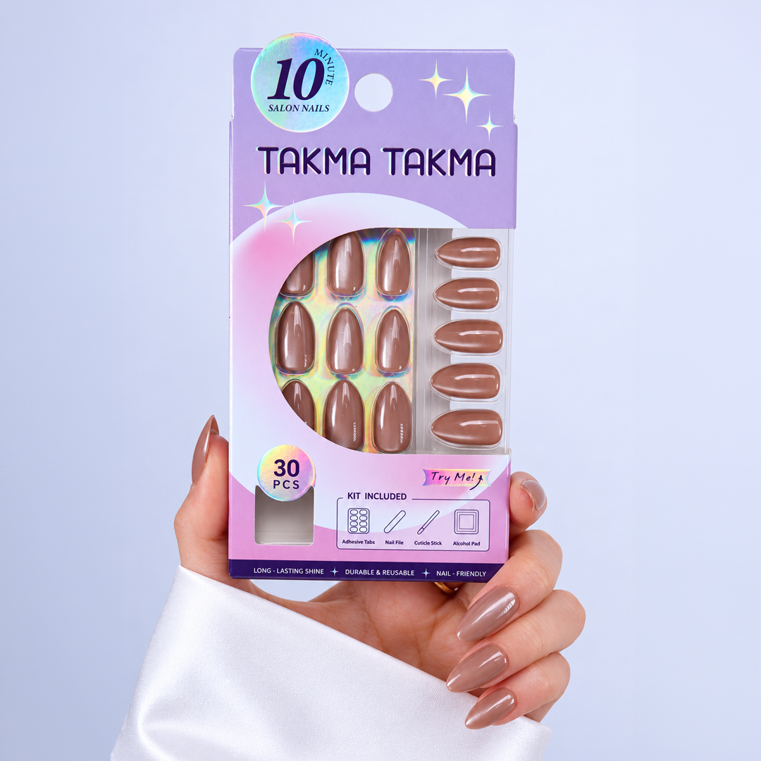 Sütlü Kahve Simli Cat Eye Kısa Badem Soft Jel Standart Beden 30'lu Takma Tırnak MKBD3661