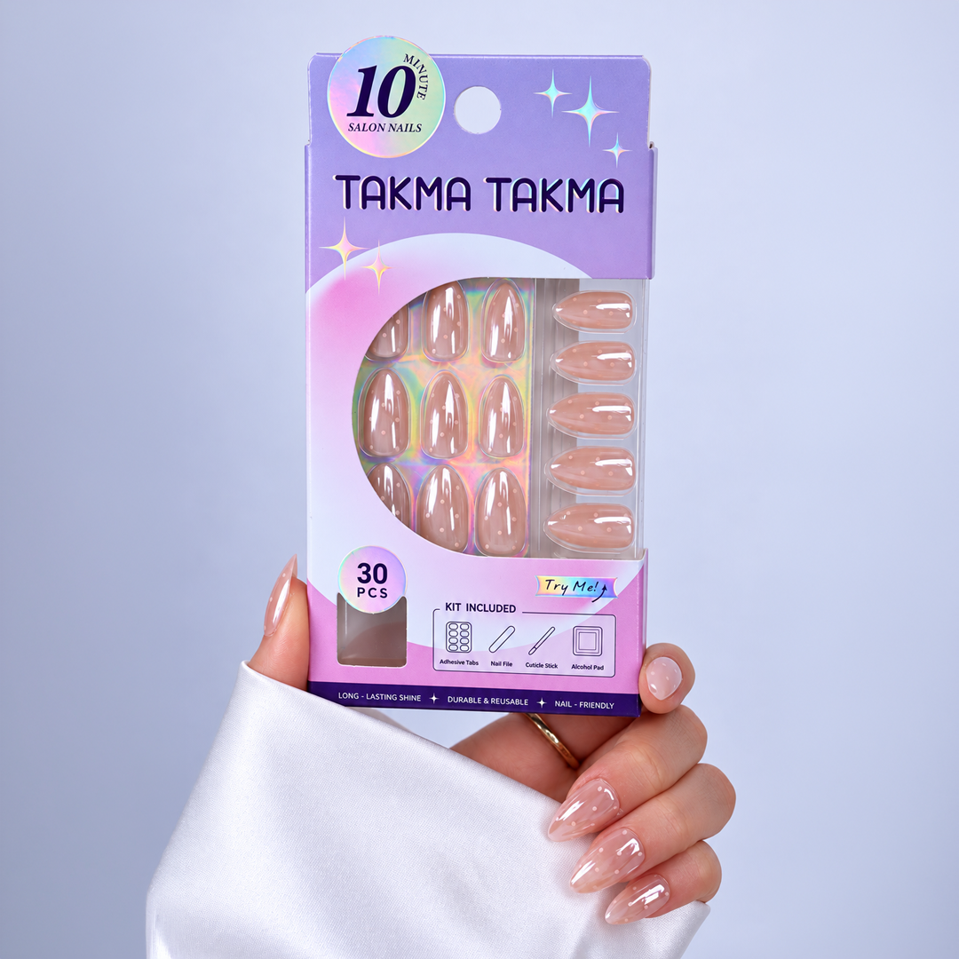 Nude Pembe Puantiyeli Kısa Badem Soft Jel Standart Beden 30'lu Takma Tırnak MKBD3670