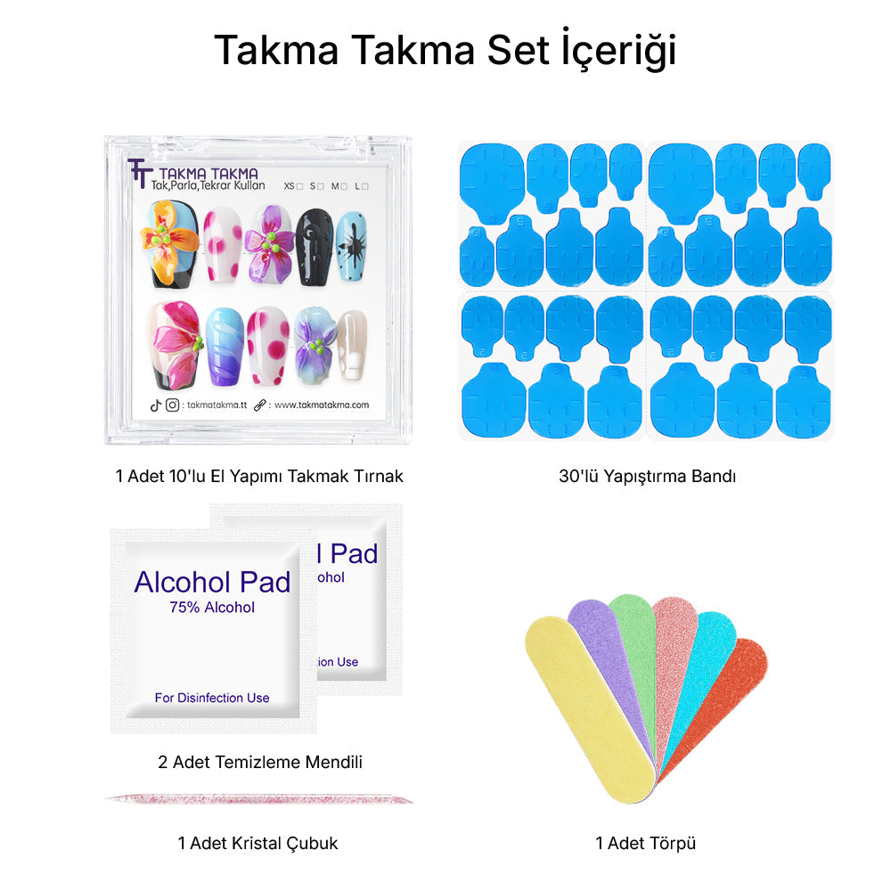 10'lu Renkli Orta Balerin OBL1461 Tekrar Kullanılabilir El Yapımı Protez Takma Tırnak Takma Takma