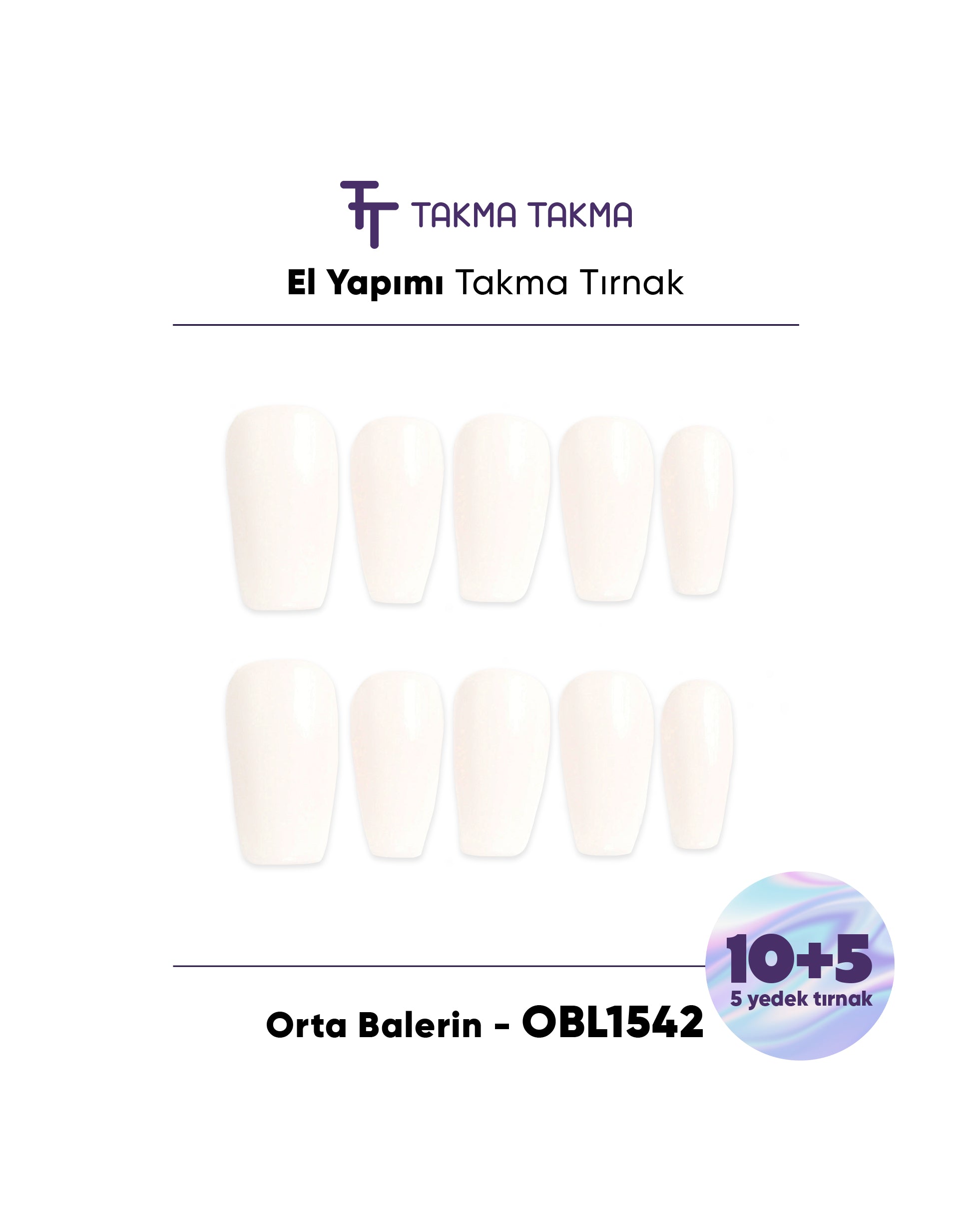 15'li Krem Orta Balerin OBL1542 Tekrar Kullanılabilir El Yapımı Protez Takma Tırnak Takma Takma
