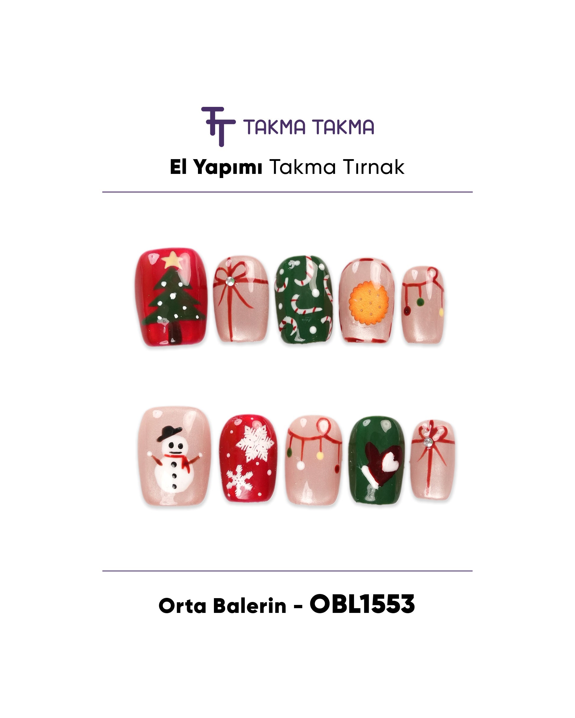10'lu Renkli Orta Balerin OBL1553 Tekrar Kullanılabilir El Yapımı Protez Takma Tırnak Takma Takma