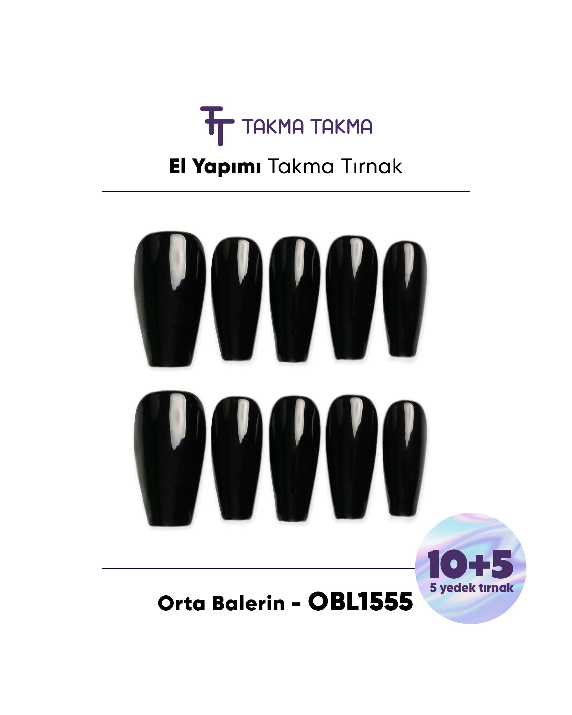 15'li Siyah Orta Balerin OBL1555 Tekrar Kullanılabilir El Yapımı Protez Takma Tırnak Takma Takma