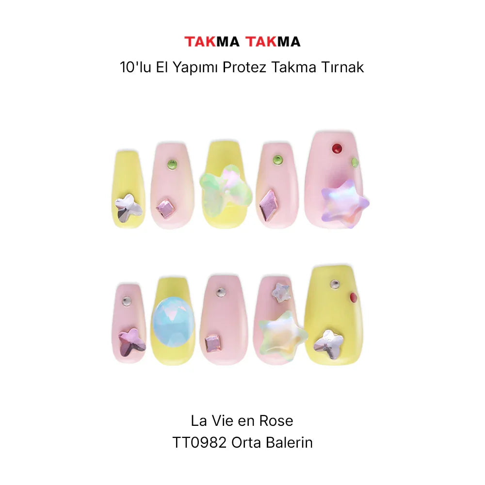 10'lu Sarı Orta Balerin TT0982 Tekrar Kullanılabilir El Yapımı Protez Takma Tırnak