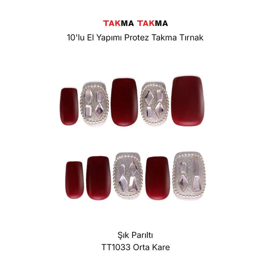 10'lu Bordo Orta Kare TT1033 Tekrar Kullanılabilir El Yapımı Protez Takma Tırnak