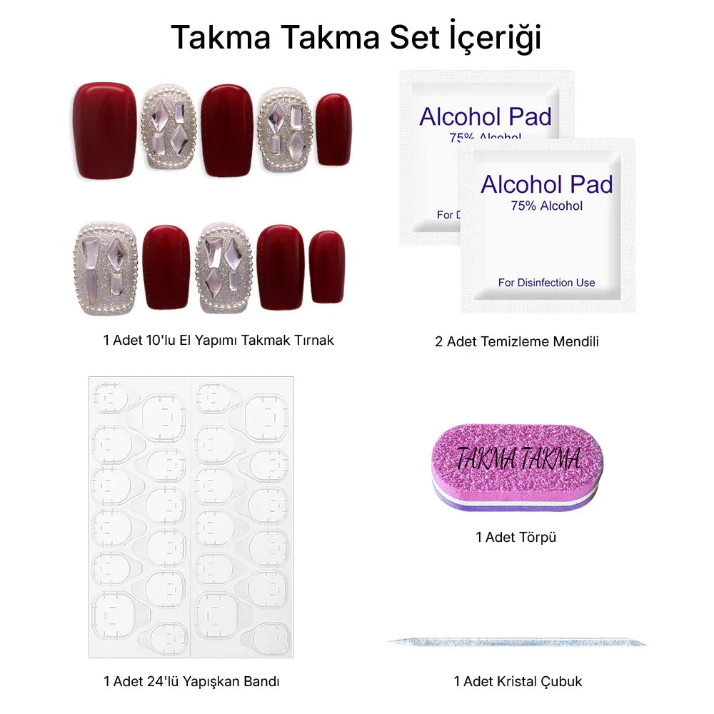 10'lu Bordo Orta Kare TT1033 Tekrar Kullanılabilir El Yapımı Protez Takma Tırnak