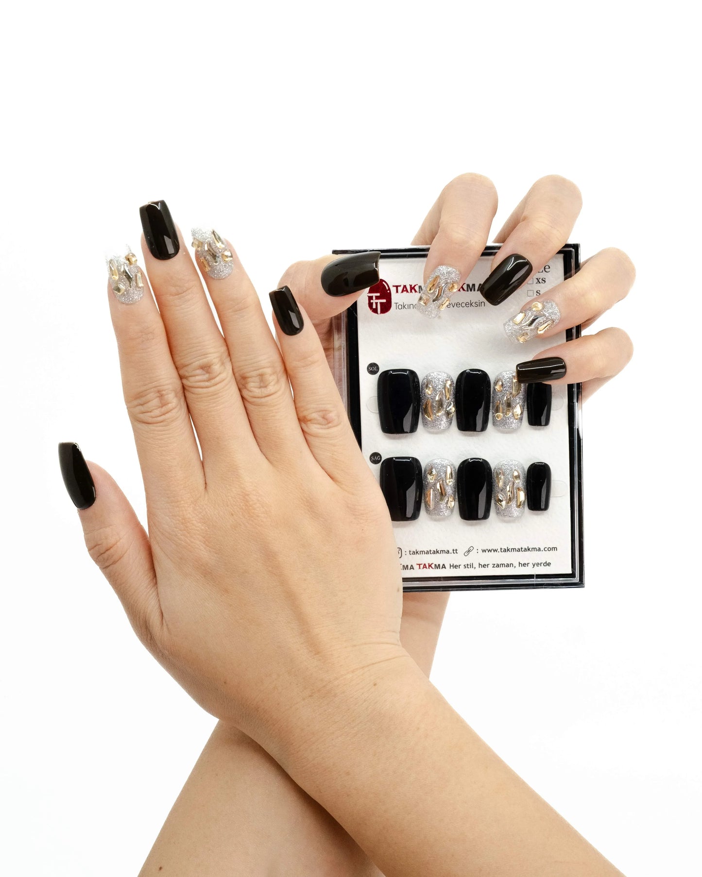 10'lu Siyah Orta Kare TT1032 Tekrar Kullanılabilir El Yapımı Protez Takma Tırnak