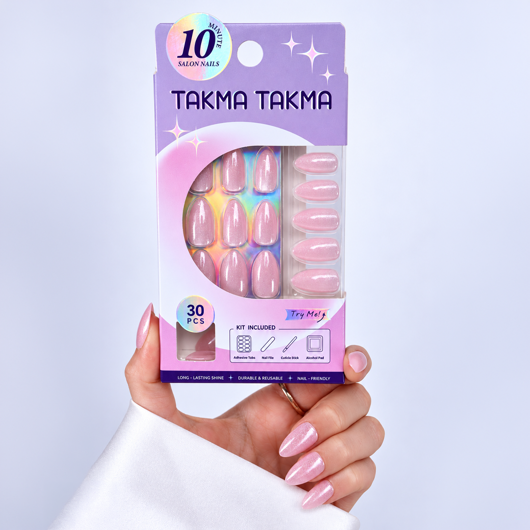 Pembe Simli Cat Eye Kısa Badem Soft Jel Standart Beden 30'lu Takma Tırnak MKBD3662