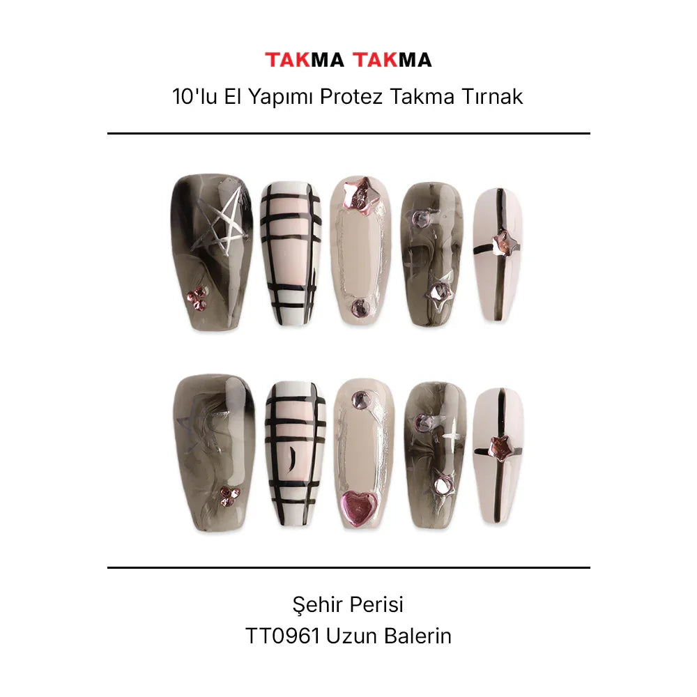 10'lu Siyah Uzun Balerin TT0961 Tekrar Kullanılabilir El Yapımı Protez Takma Tırnak