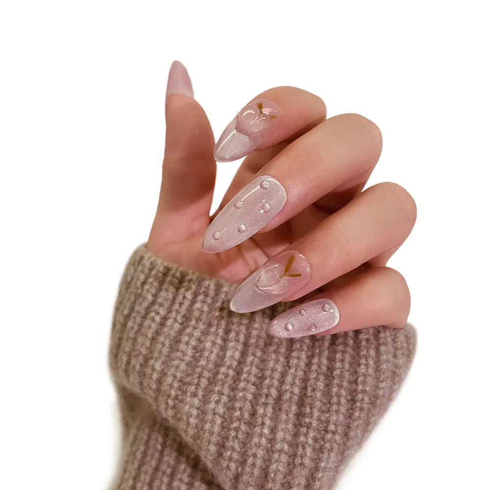 10'lu Uzun Badem Pembe TT0927 Tekrar Kullanılabilir El Yapımı Protez Takma Tırnak