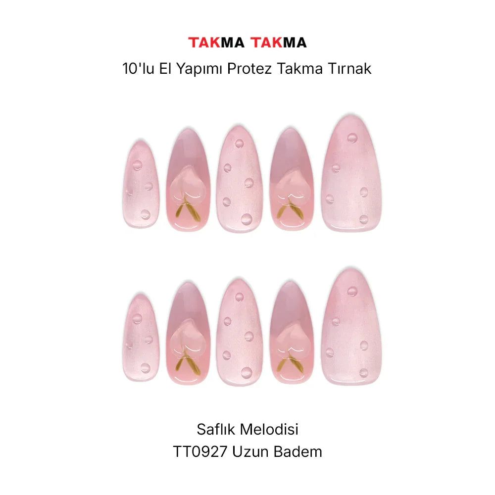10'lu Uzun Badem Pembe TT0927 Tekrar Kullanılabilir El Yapımı Protez Takma Tırnak