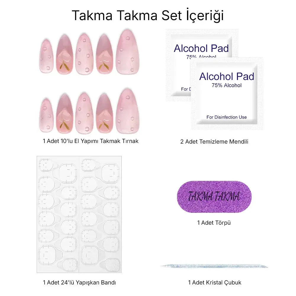 10'lu Uzun Badem Pembe TT0927 Tekrar Kullanılabilir El Yapımı Protez Takma Tırnak Takma Takma