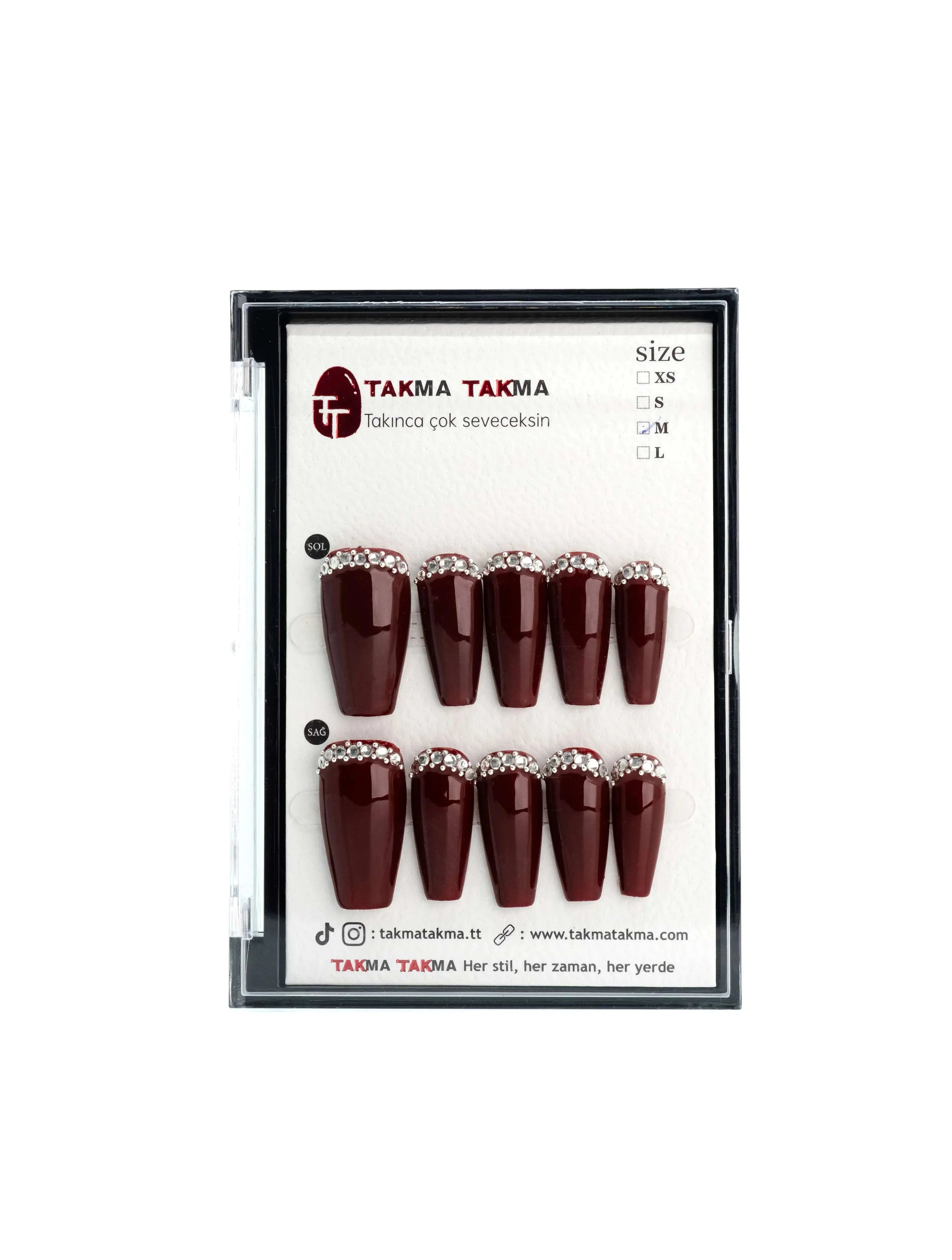 10'lu Bordo Uzun Balerin TT0964 Tekrar Kullanılabilir El Yapımı Protez Takma Tırnak Takma Takma