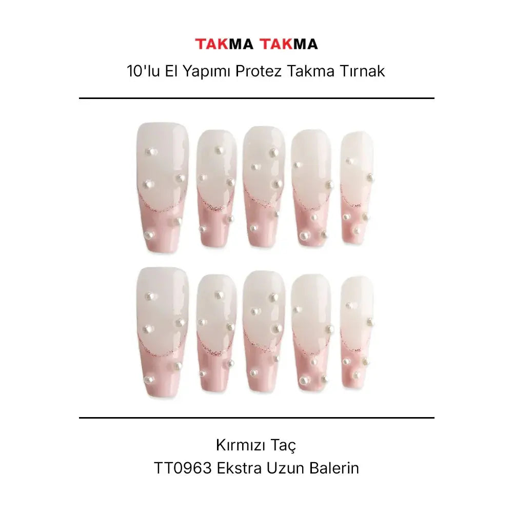 10'lu Pembe Ekstra Uzun Balerin TT0963 Tekrar Kullanılabilir El Yapımı Protez Takma Tırnak Takma Takma