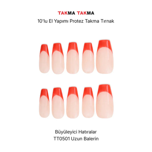 Tekrar Kullanılabilen El Yapımı Bej-kırmızı Orta Coffın Protez Takma Tırnak (KİT DAHİL)