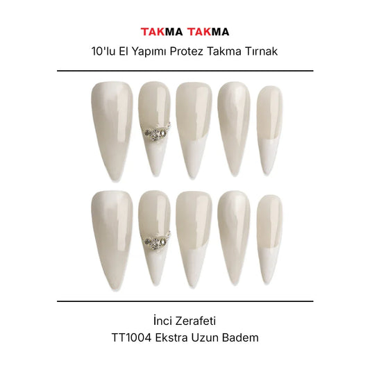 10'lu Beyaz Uzun Badem TT1004 Tekrar Kullanılabilir El Yapımı Protez Takma Tırnak