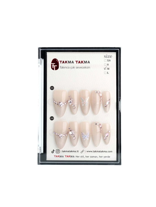 10'lu Beyaz Uzun Badem TT1010 Tekrar Kullanılabilir El Yapımı Protez Takma Tırnak