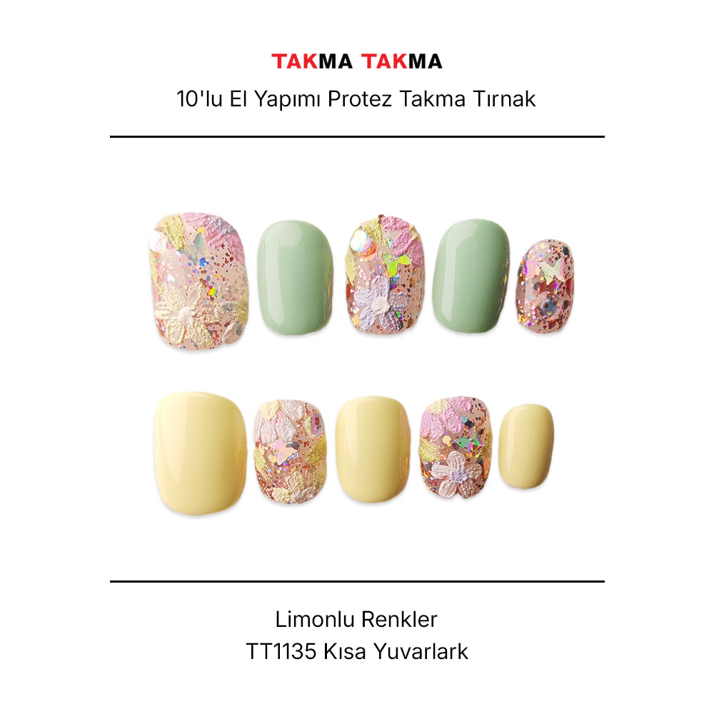 Tekrar Kullanılabilir El Yapımı Protez Takma Tırnak Limonlu Renkler - 10'lu TT1135