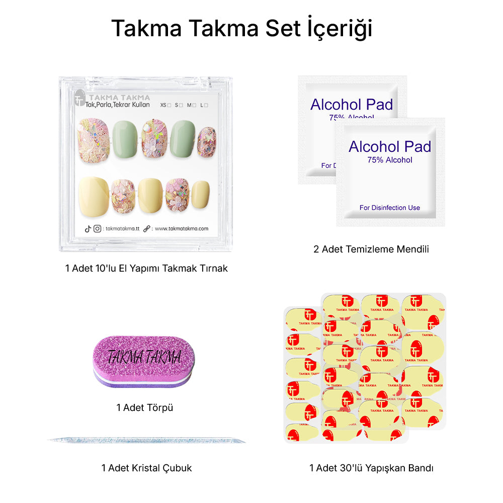 Tekrar Kullanılabilir El Yapımı Protez Takma Tırnak Limonlu Renkler - 10'lu TT1135