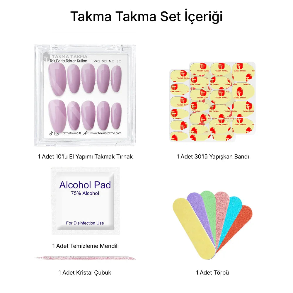 15'li Mor Kısa Oval TT1321 Tekrar Kullanılabilir El Yapımı Protez Takma Tırnak Takma Takma