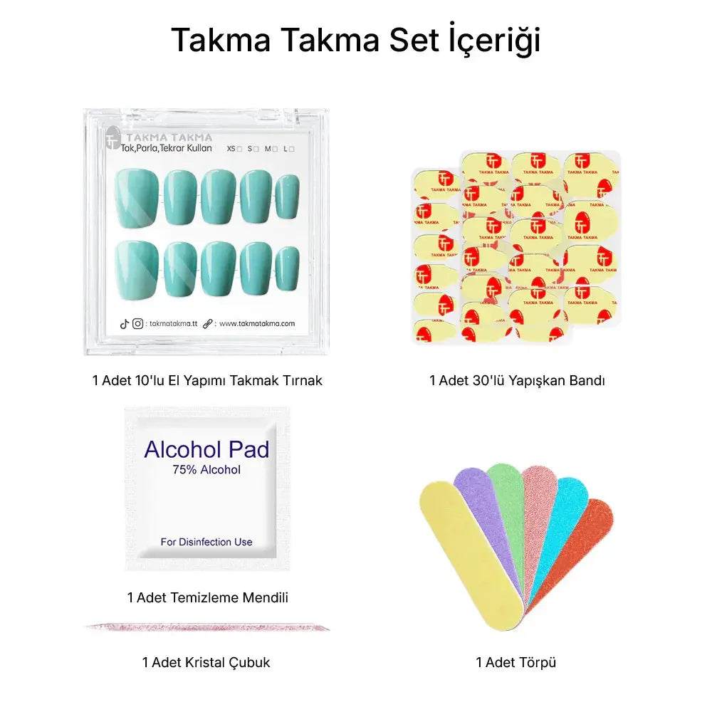 10'lu Mavi Kısa Oval TT1265 Tekrar Kullanılabilir El Yapımı Protez Takma Tırnak Takma Takma