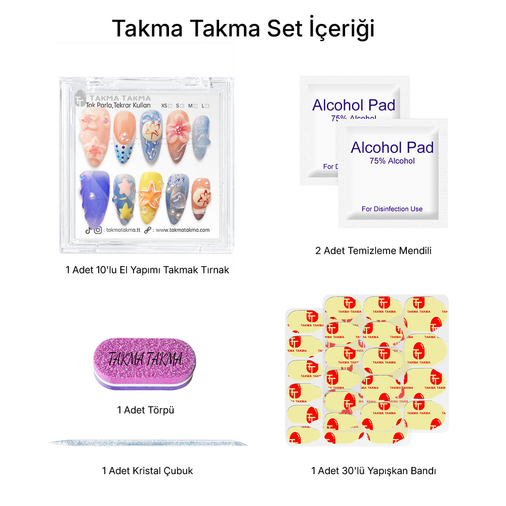 Tekrar Kullanılabilir El Yapımı Protez Takma Tırnak - Rengarenk Düşler - 10'lu TT1329