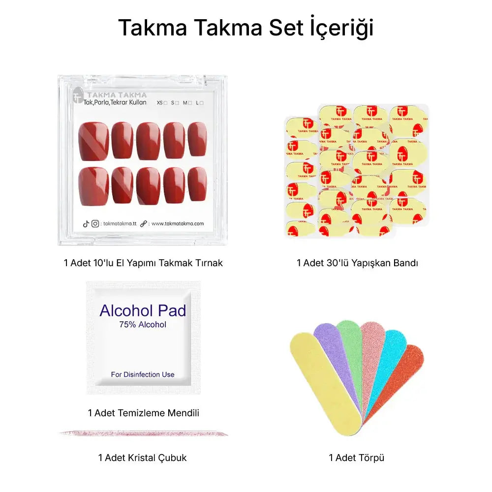 10'lu Kırmızı Kısa Balerin TT0938 Tekrar Kullanılabilir El Yapımı Protez Takma Tırnak Takma Takma