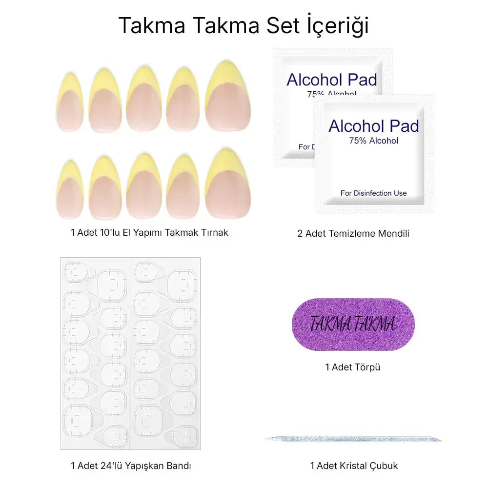 10'lu Sarı Kısa Badem TT0670 Tekrar Kullanılabilir El Yapımı Protez Takma Tırnak Takma Takma