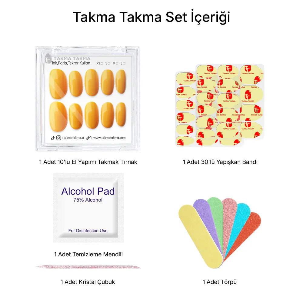 10'lu Sarı Kısa Oval TT1269 Tekrar Kullanılabilir El Yapımı Protez Takma Tırnak Takma Takma