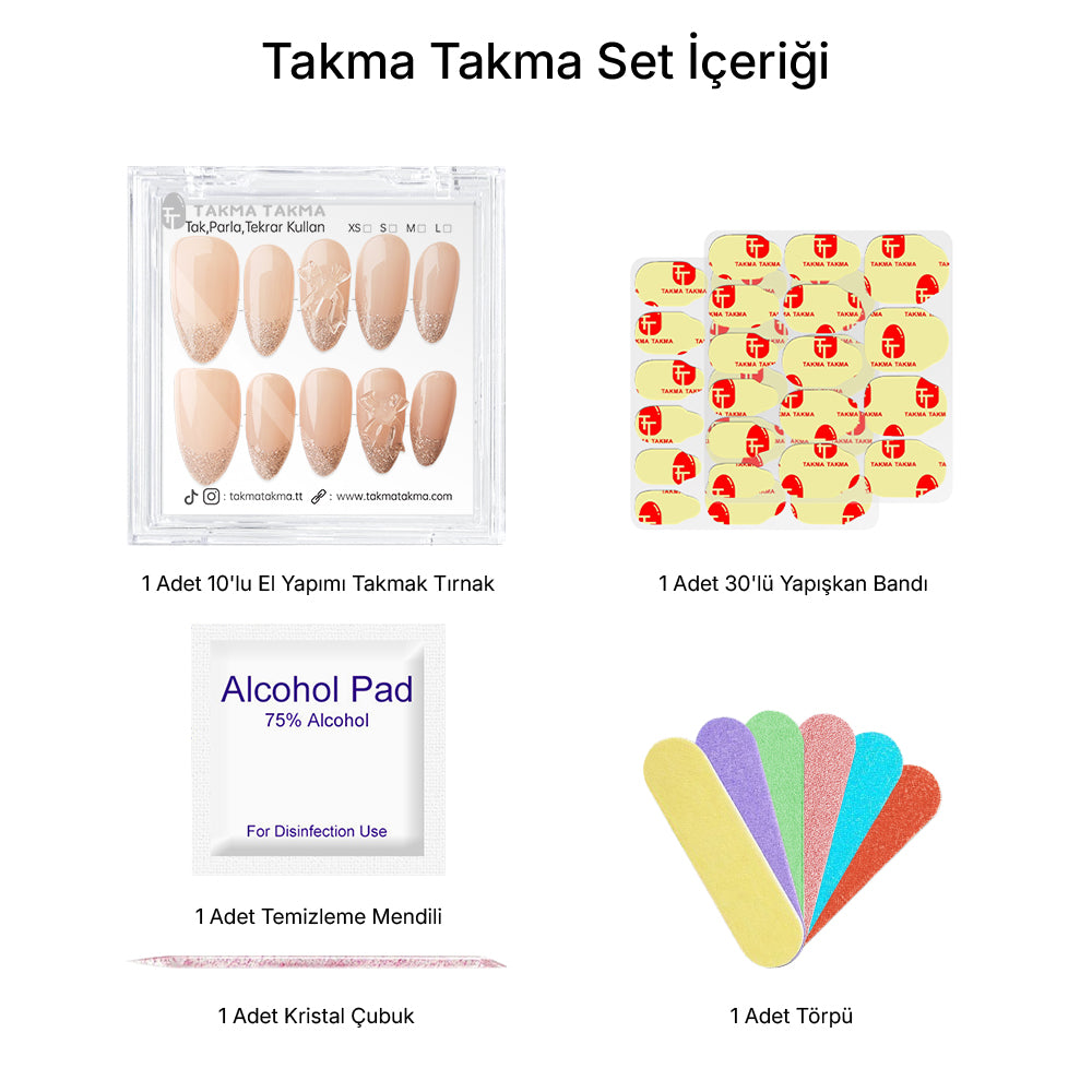 10'lu Ten Rengi Uzun Badem TT1259 Tekrar Kullanılabilir El Yapımı Protez Takma Tırnak