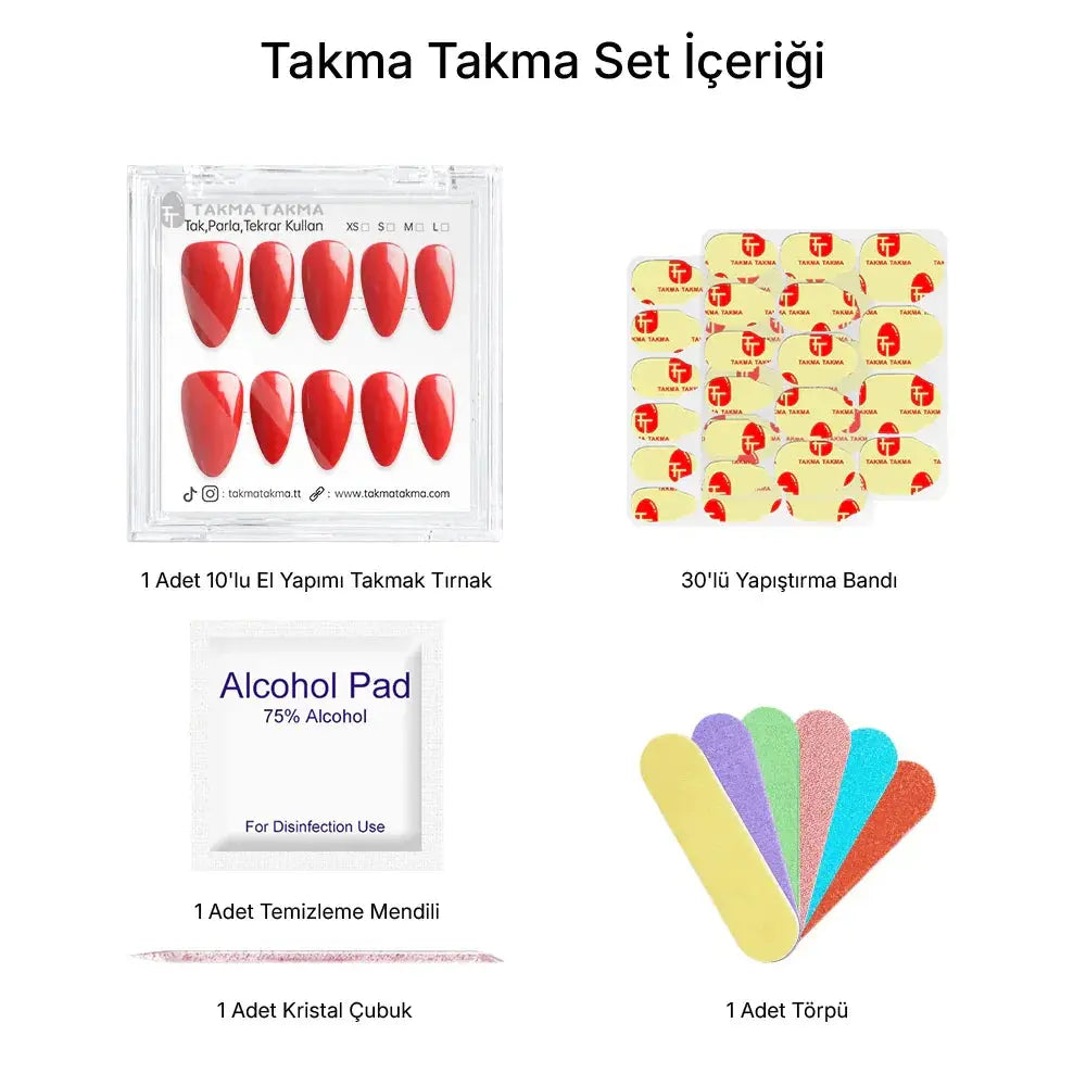 10'lu Kırmızı Kısa Badem TT0939 Tekrar Kullanılabilir El Yapımı Protez Takma Tırnak Takma Takma