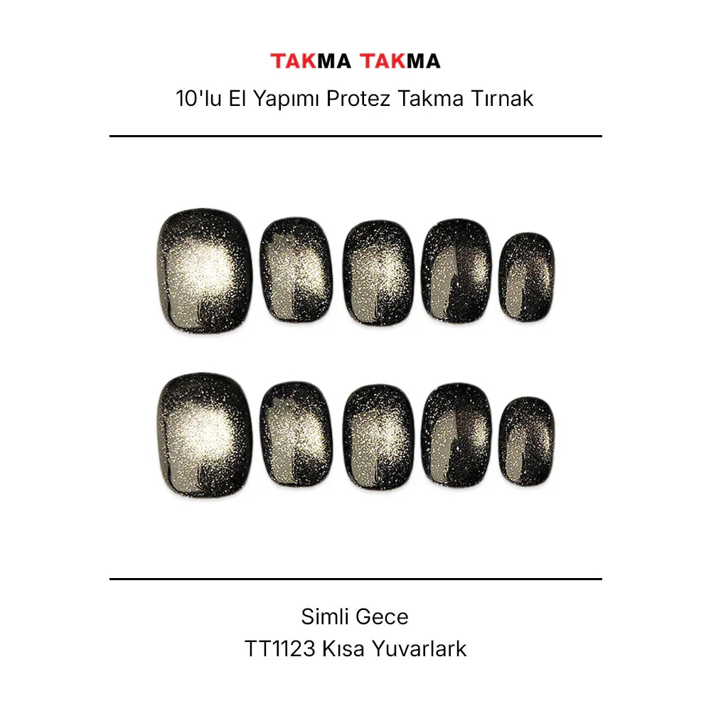 10'lu Siyah Kısa Yuvarlak TT1123 Tekrar Kullanılabilir El Yapımı Protez Takma Tırnak