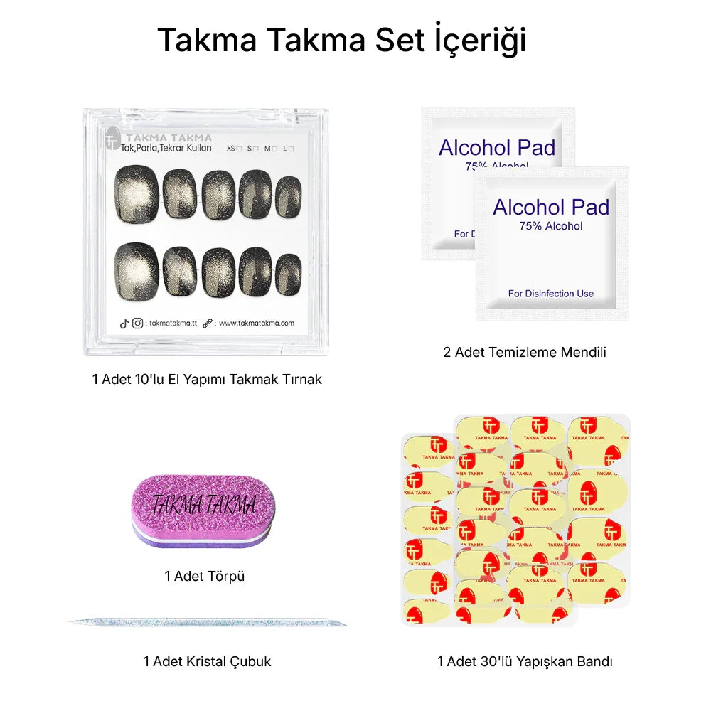 Tekrar Kullanılabilir El Yapımı Protez Takma Tırnak TT1123 - Simli Gece - 10'lu