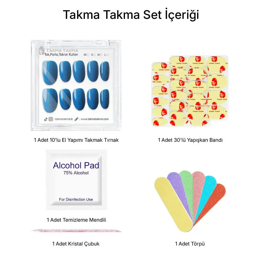 10'lu Mavi Kısa Oval TT1267 Tekrar Kullanılabilir El Yapımı Protez Takma Tırnak Takma Takma