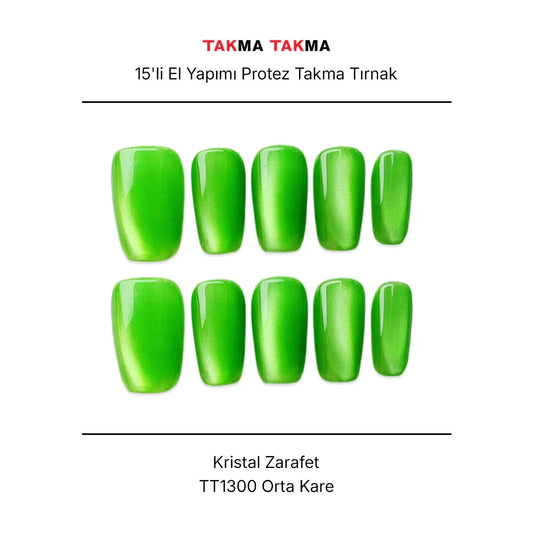 15'li Yeşil Orta Kare TT1300 Tekrar Kullanılabilir El Yapımı Protez Takma Tırnak