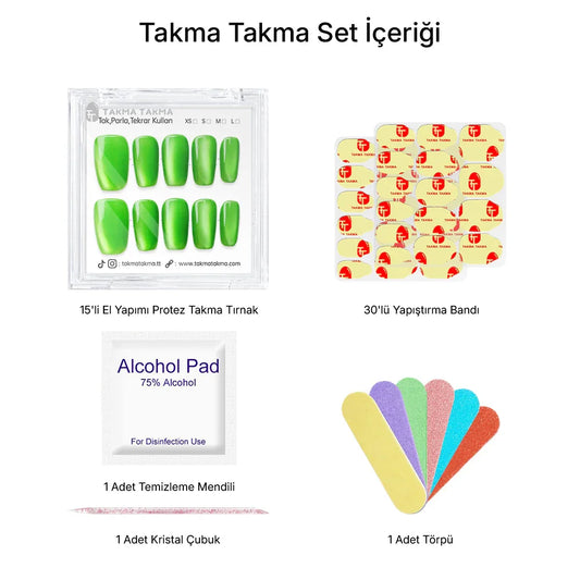 15'li Yeşil Orta Kare TT1300 Tekrar Kullanılabilir El Yapımı Protez Takma Tırnak